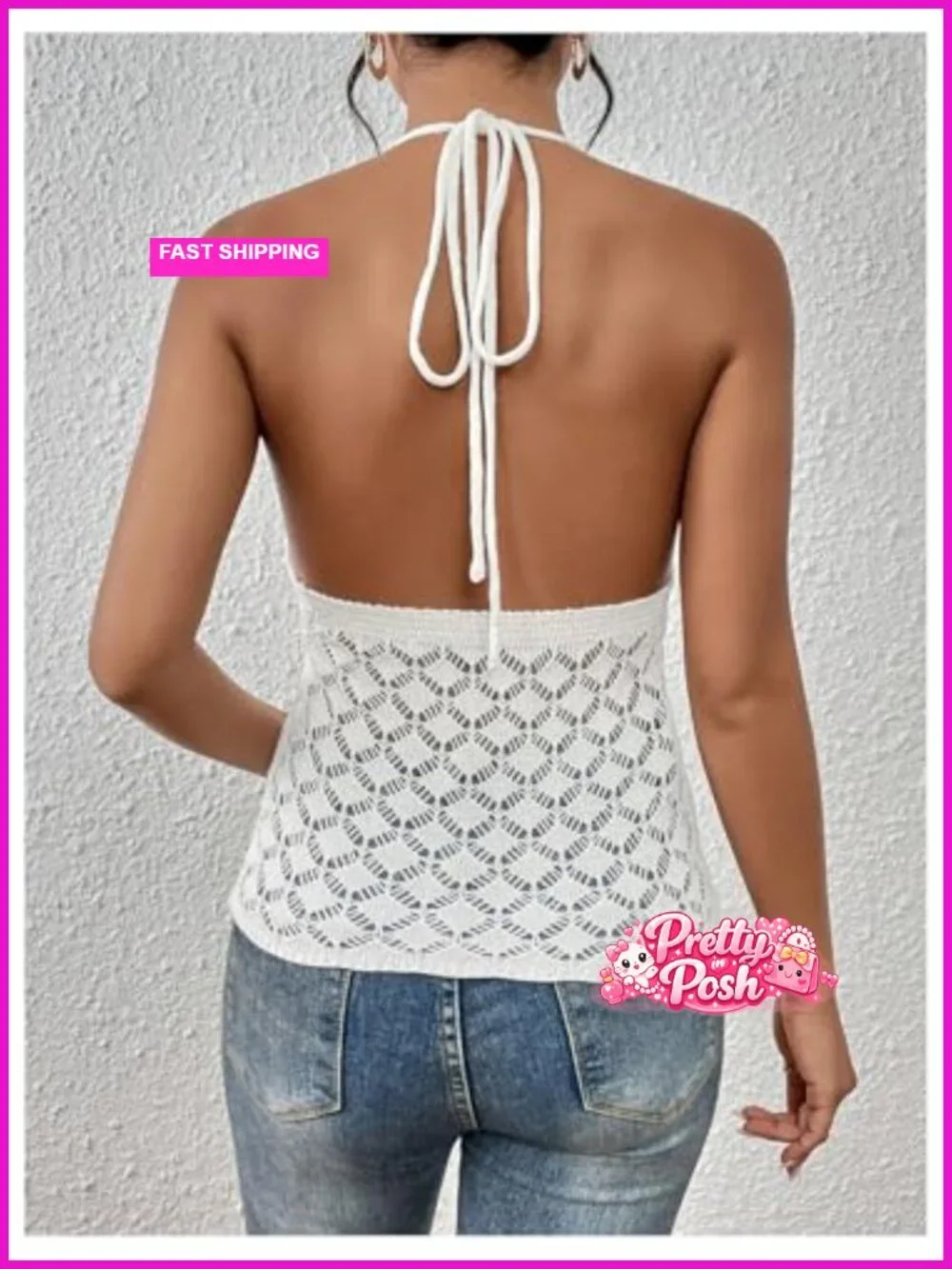 Crochet Tie Front Halter Neck Crop Camisole Swimsuit Cover Up